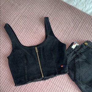 Aviator Nation Black Denim Crop Top with Zipper
